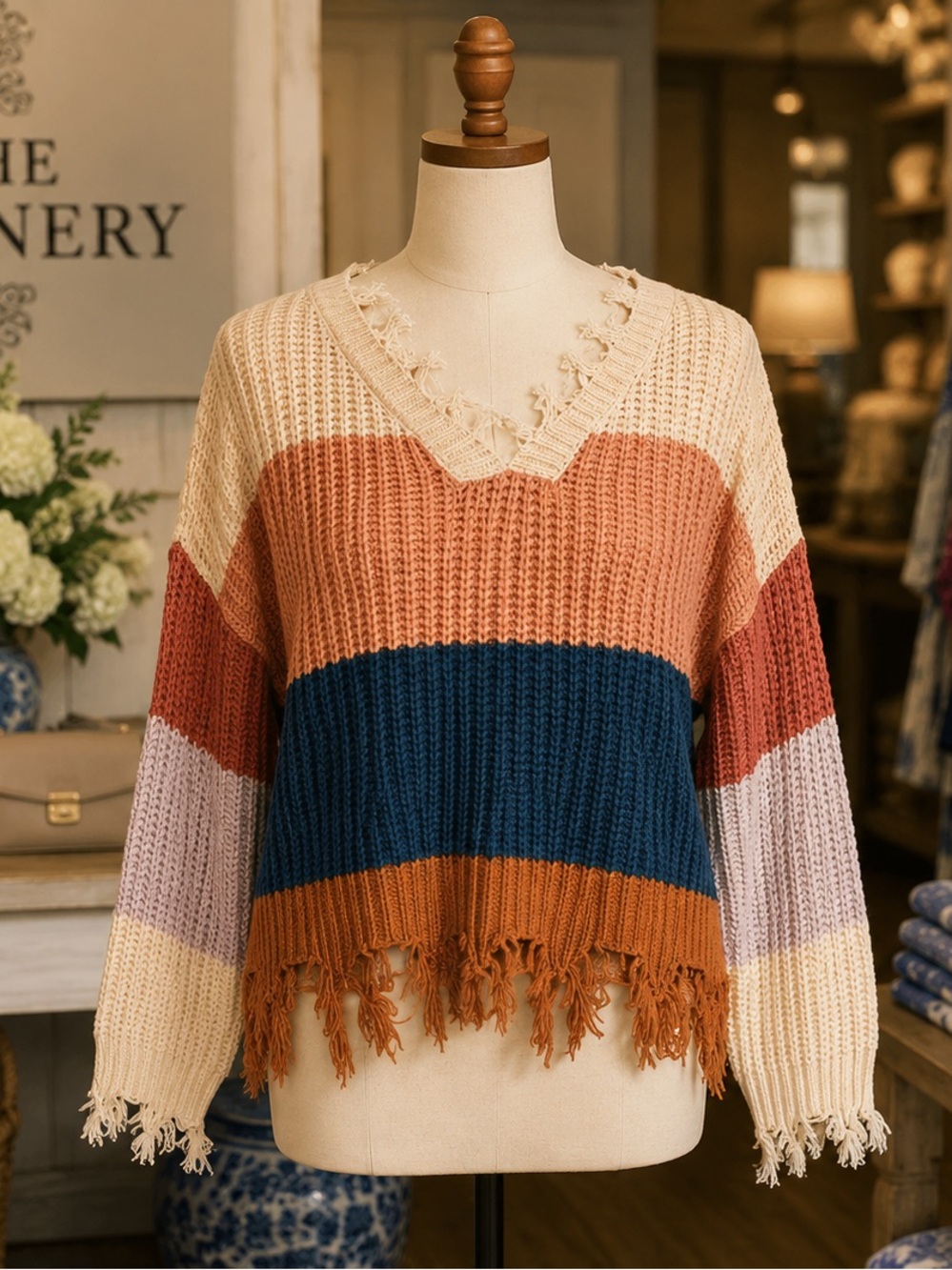 ON THE ROAD- striped frayed chunky sweater NWT